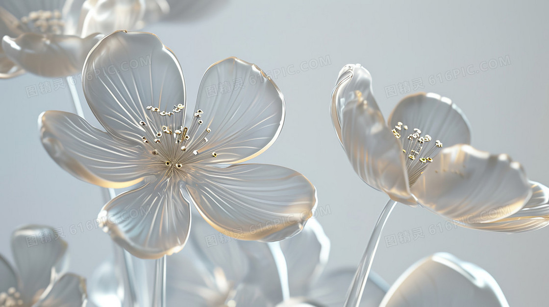 白色玻璃质感晶莹剔透盛开的花朵插画