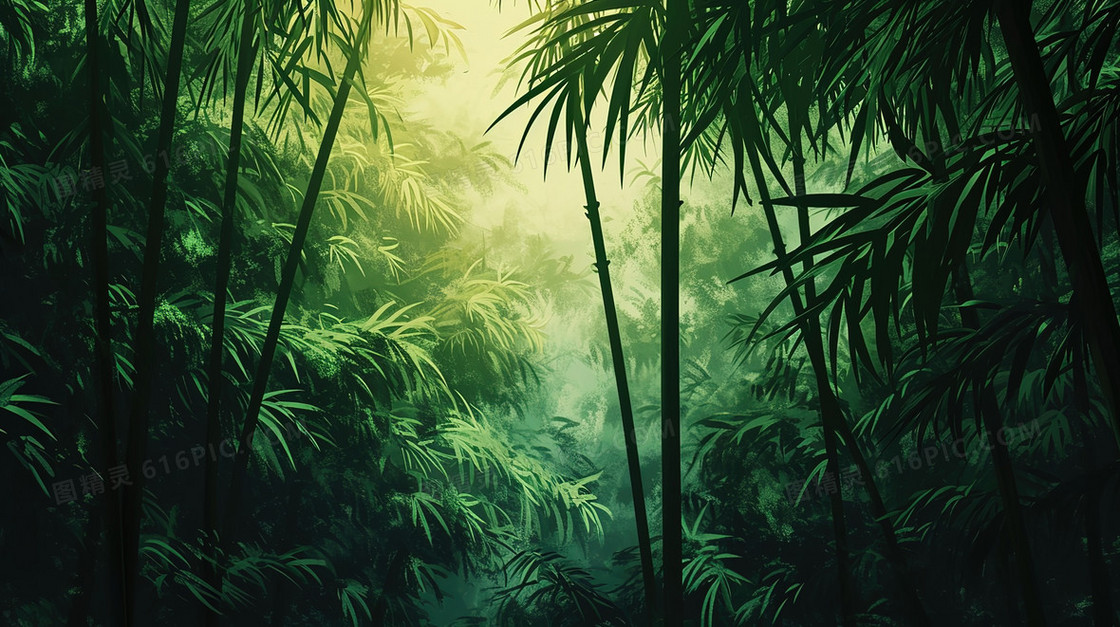 绿色幽静的树林风景插画