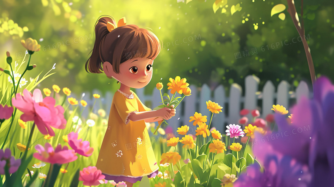 春天花丛中的小女孩唯美风景插画