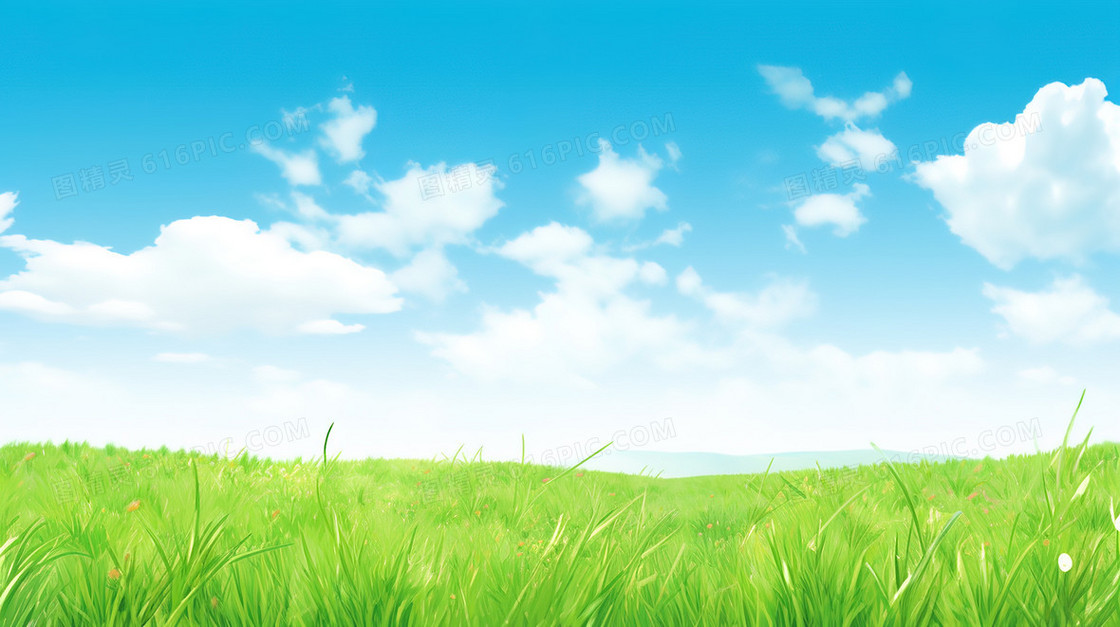 春天蓝天白云下的大草原插画