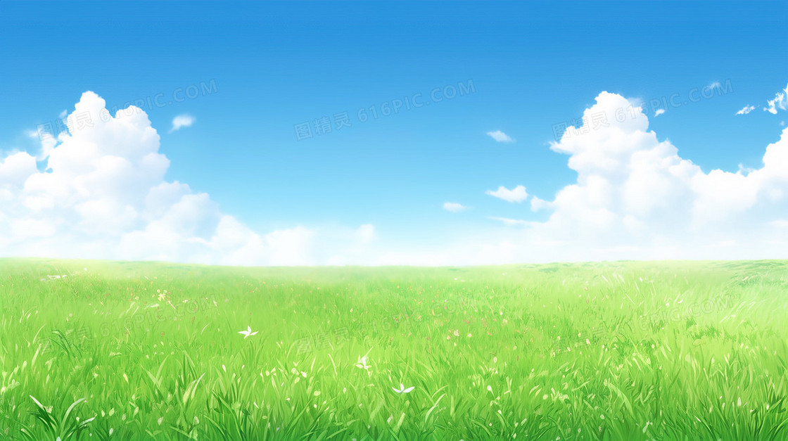 春天蓝天白云下的大草原插画