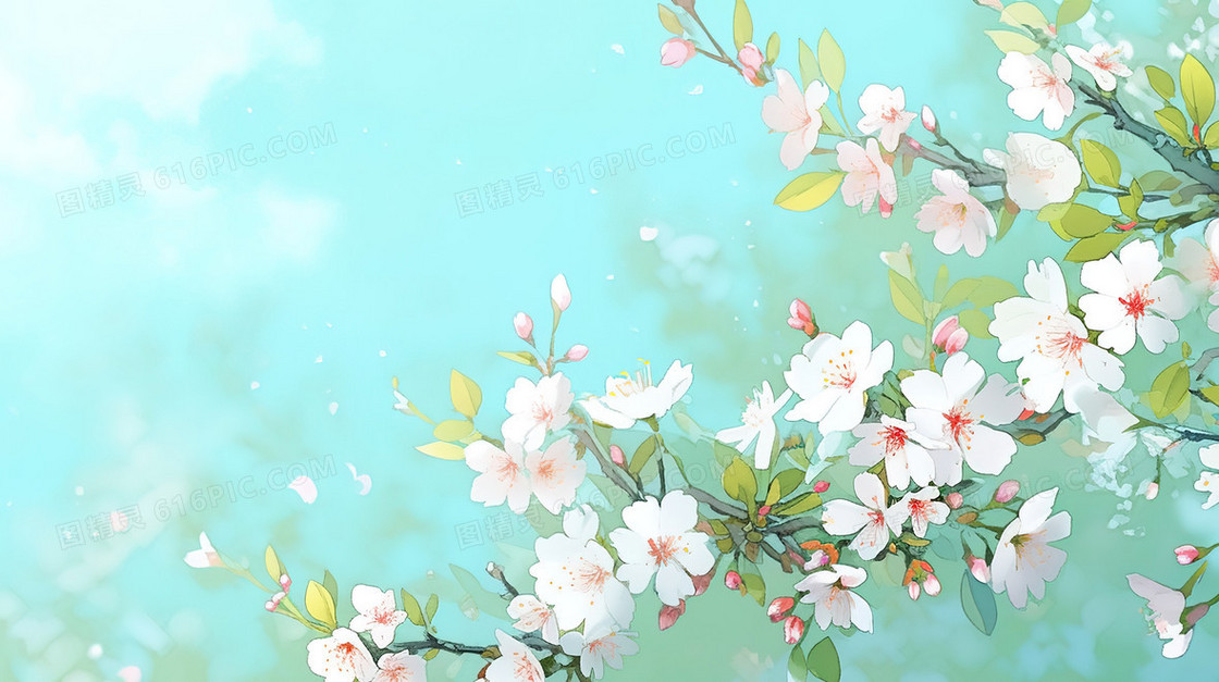 蓝天背景下盛开的樱花插画
