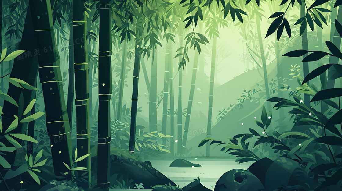 绿色幽静的树林风景插画