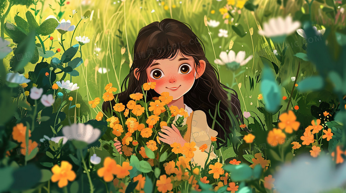 春天花丛中的小女孩唯美风景插画