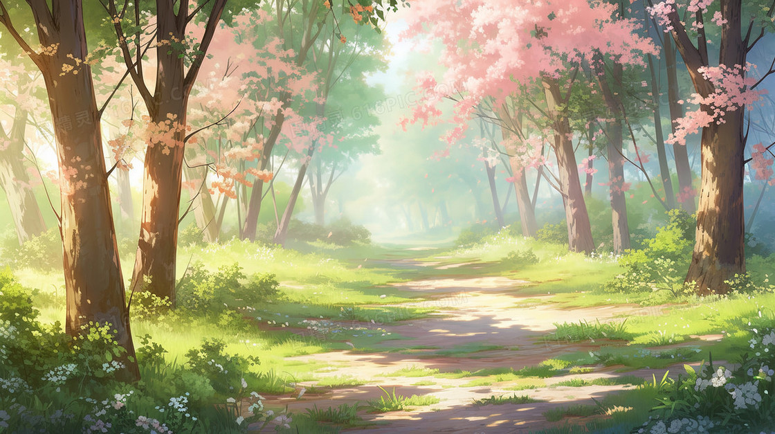 粉色的樱花山林插画