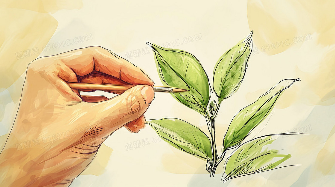 手拿画笔描绘出的植物手绘插画