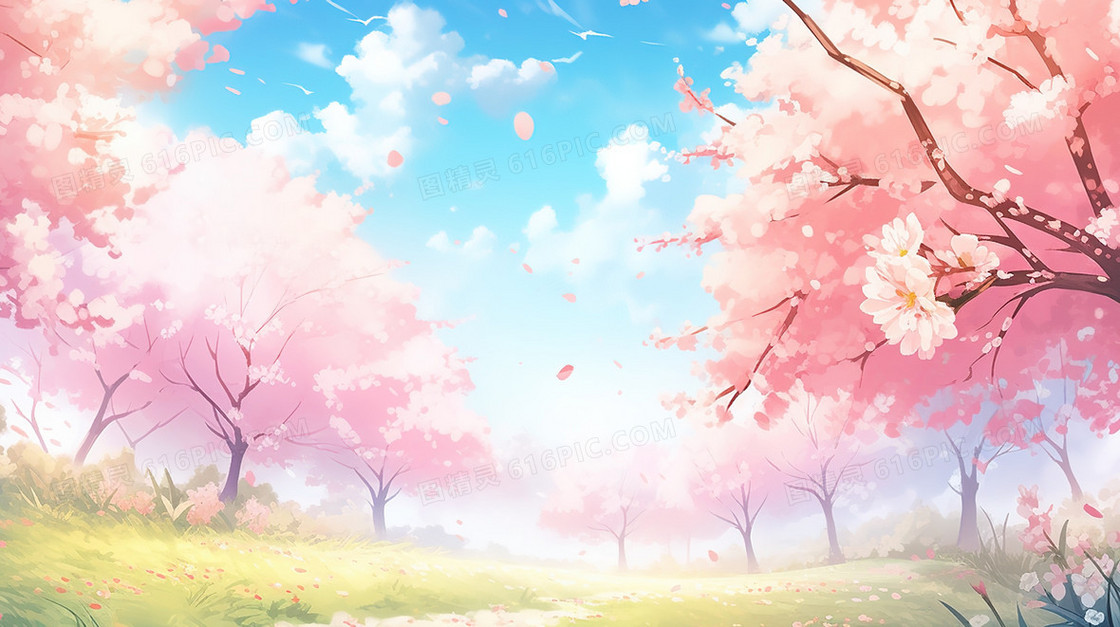 春天粉色的樱花树林插画