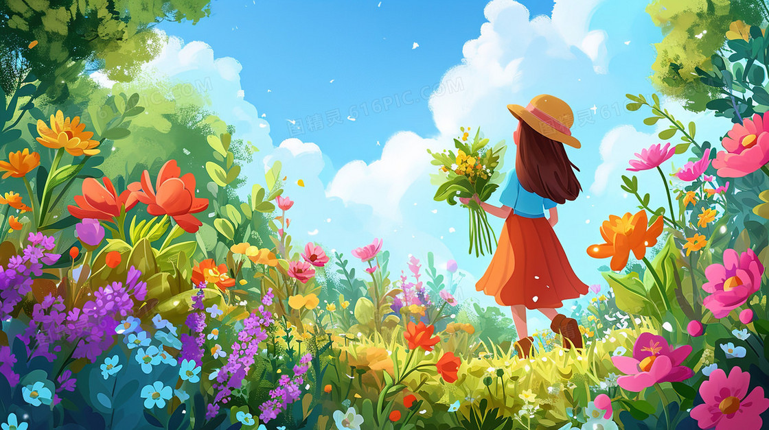 春天花海里的女孩唯美风景插画