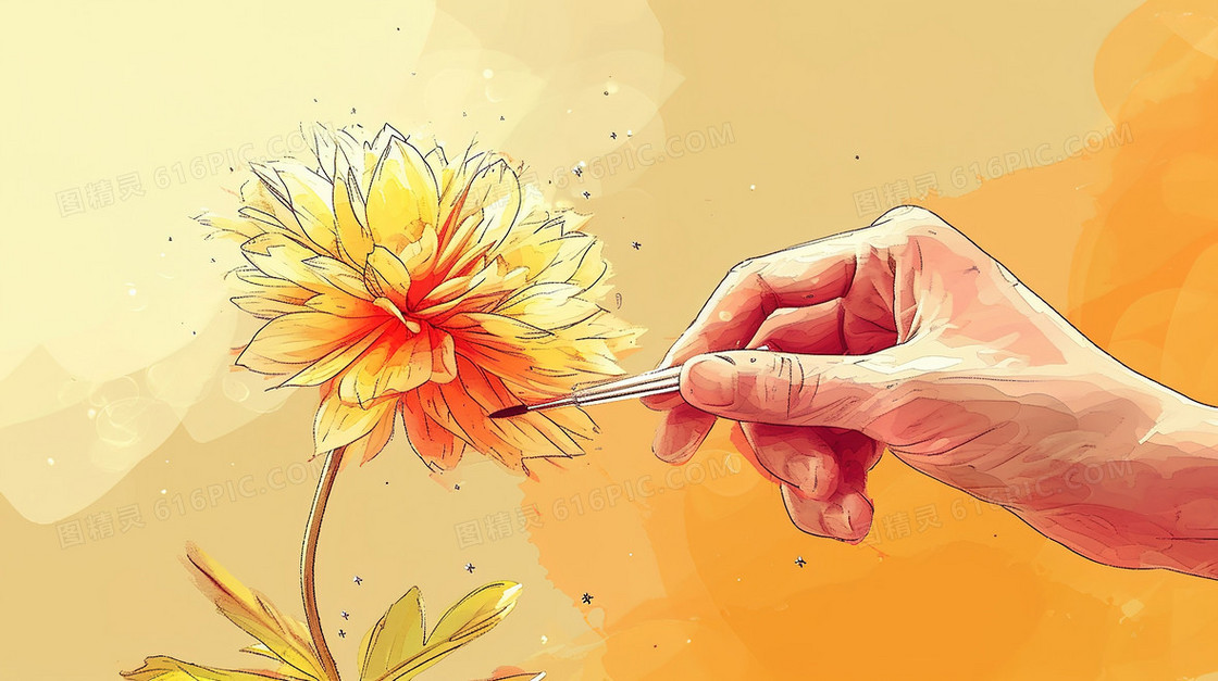 手拿画笔描绘出的植物手绘插画