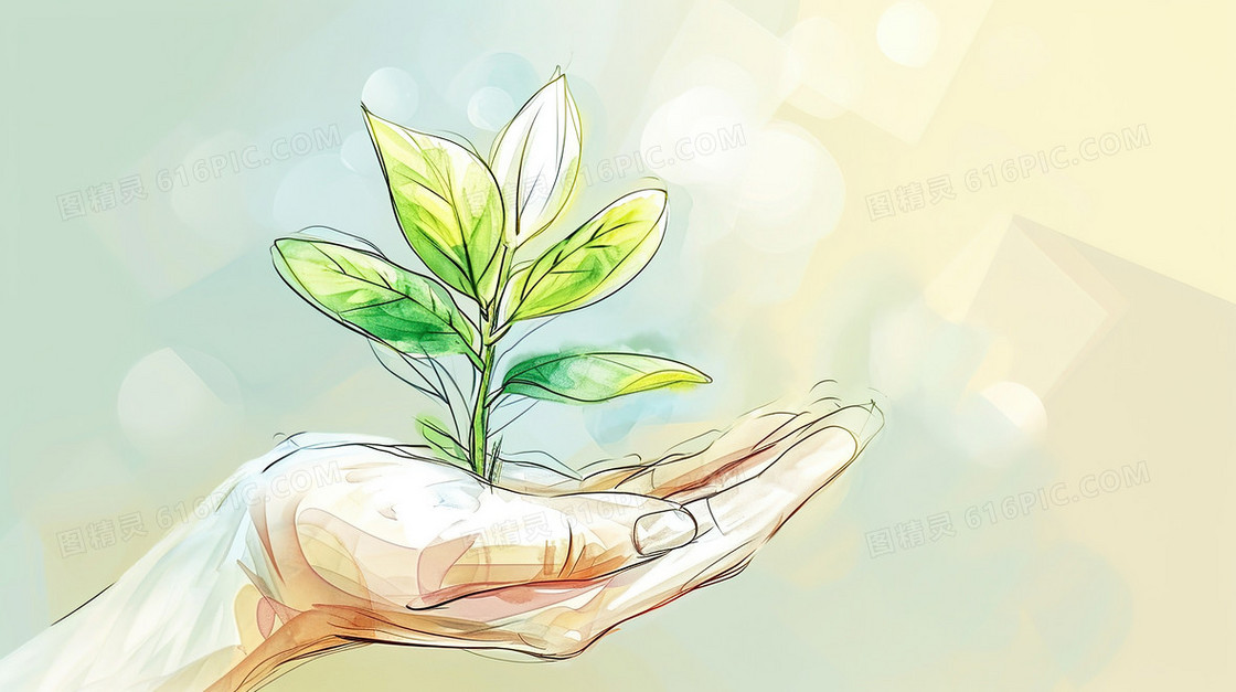 绿色树苗植物水彩插画