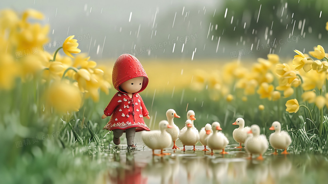 穿着红色雨衣的女孩和小鸭子插画