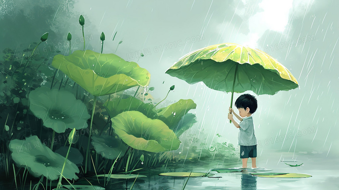 男孩雨中荷叶撑着打伞插画