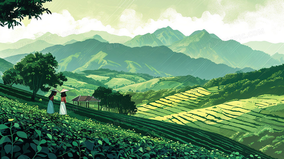 茶山上采茶的少女插画