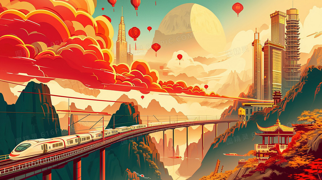 国潮春运铁路交通运输风景创意插画