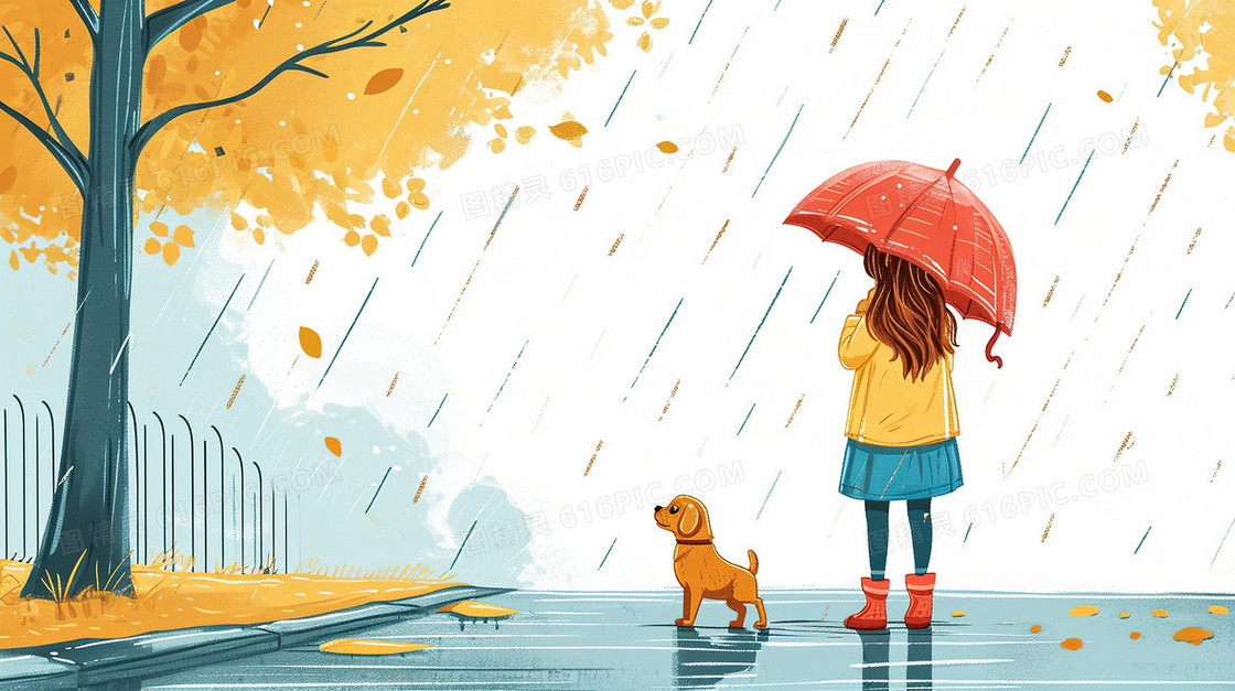 雨中撑着打伞的女孩背影和小狗插画