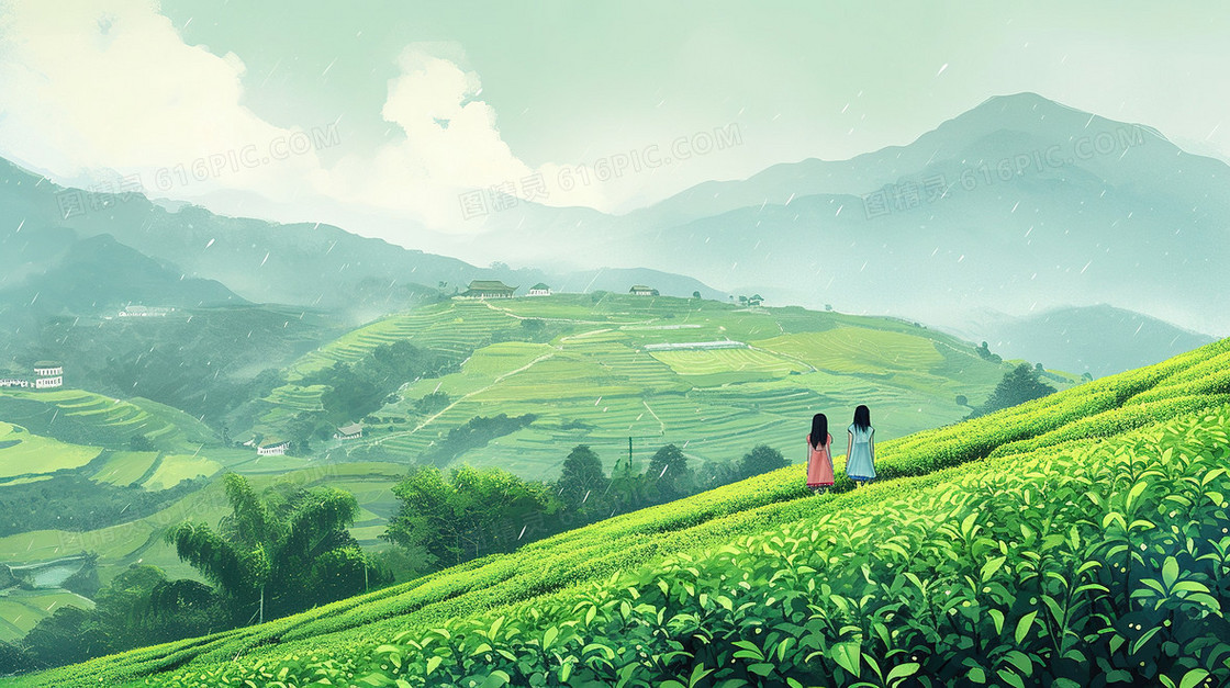 茶山上采茶的少女插画