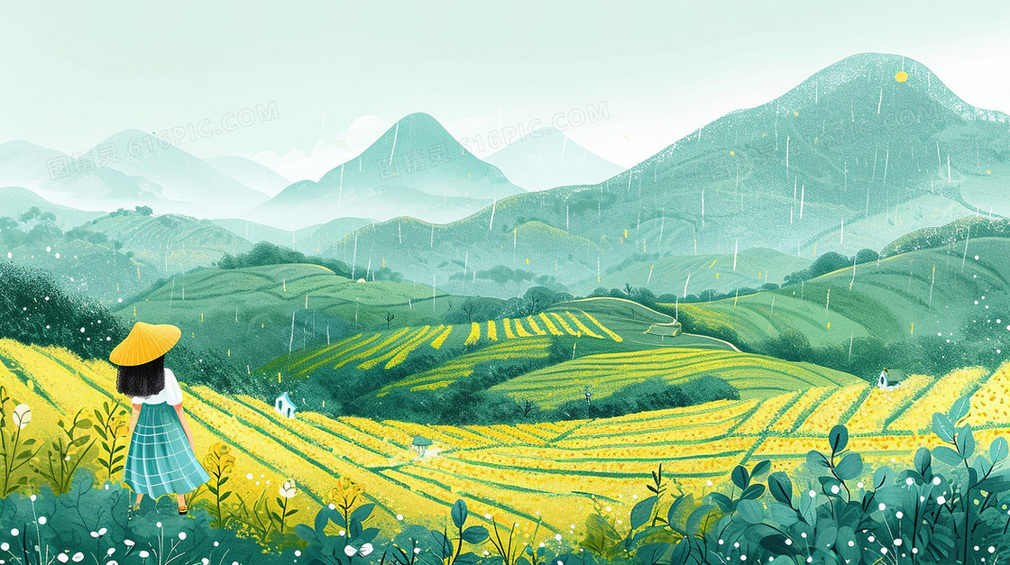 茶山上采茶的少女插画