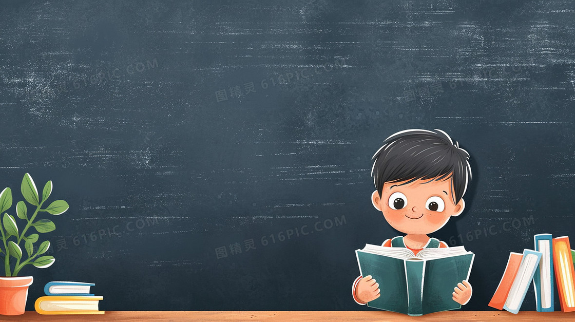 彩色黑板前读书的男孩插画