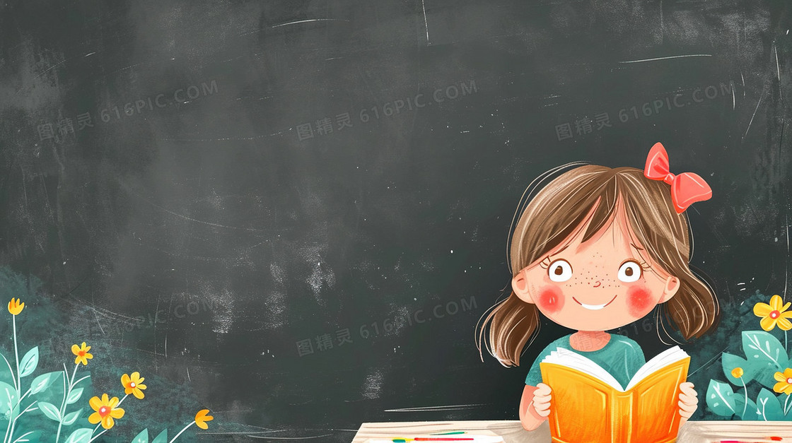 黑板前读书的女孩插画