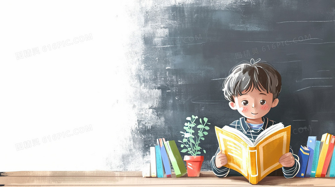 彩色黑板前读书的男孩插画