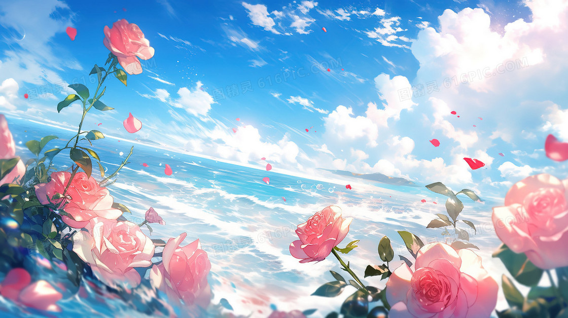 蓝天白云下的海边的鲜花插画