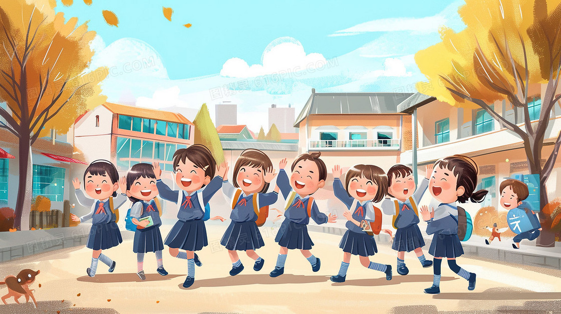 开学季新学期校园内小学生插画