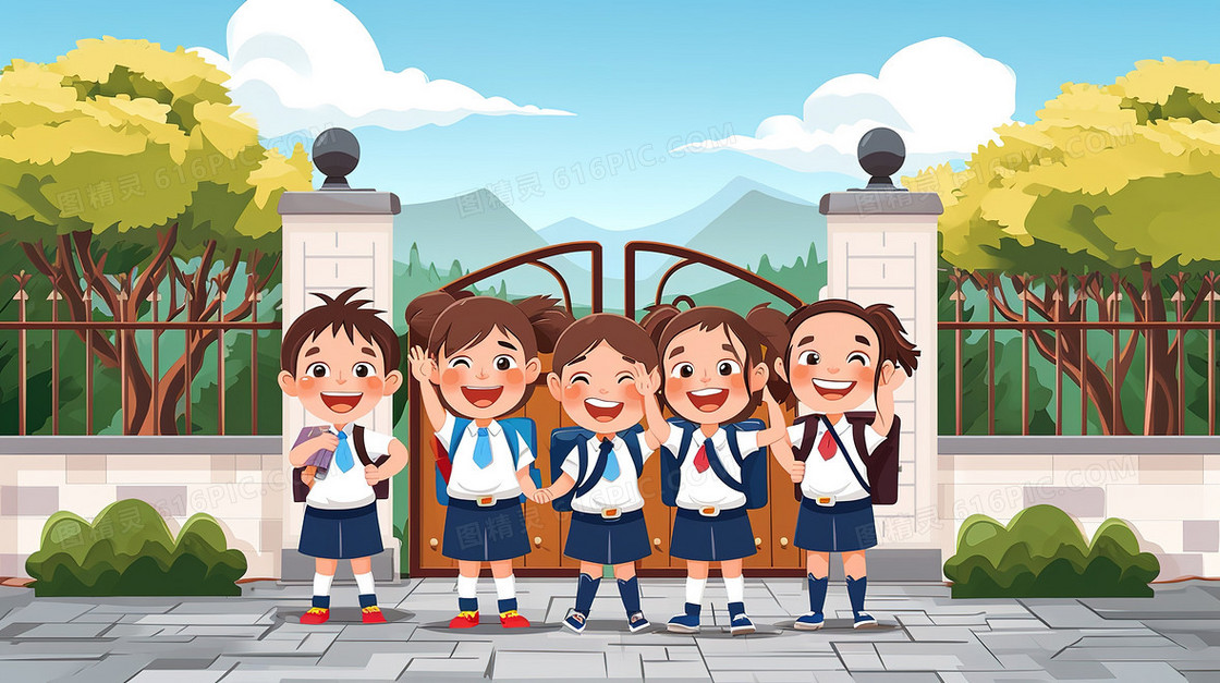 开学季幼儿园门口的儿童插画