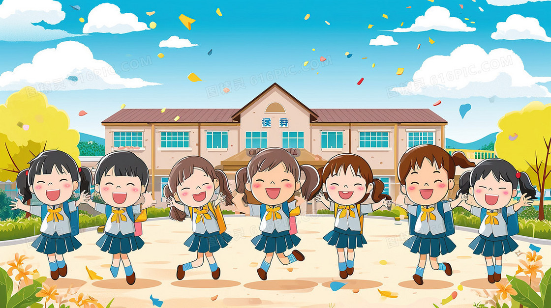 开学季新学期校园内小学生插画