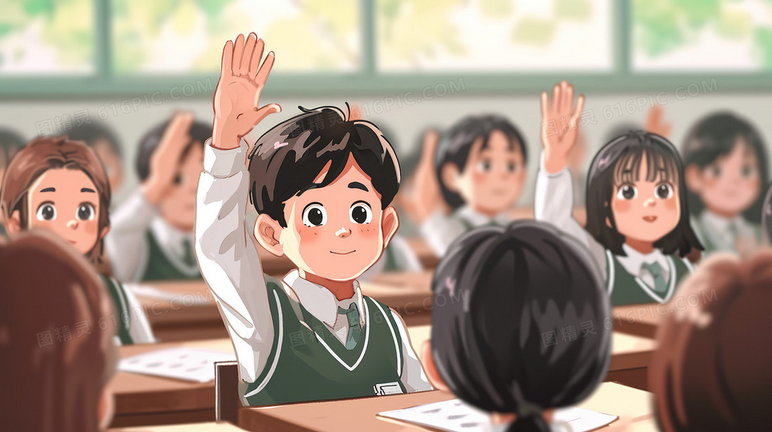 新学期第一课课堂举手男孩插画