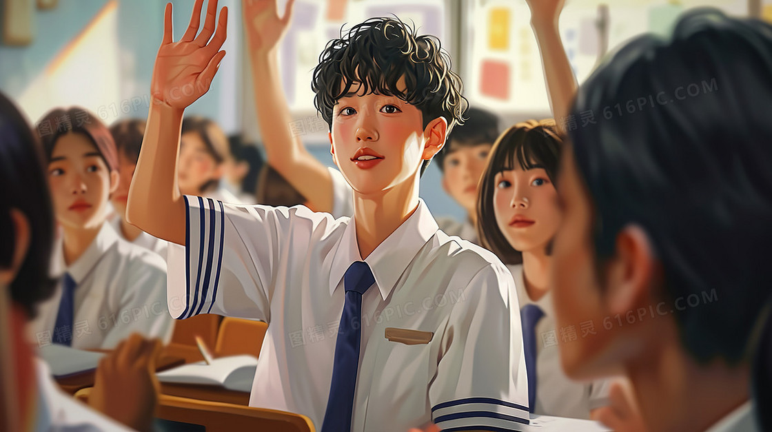 新学期第一课课堂举手男孩插画