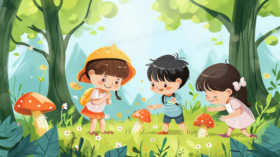 春天小朋友森林探险研学旅行插画