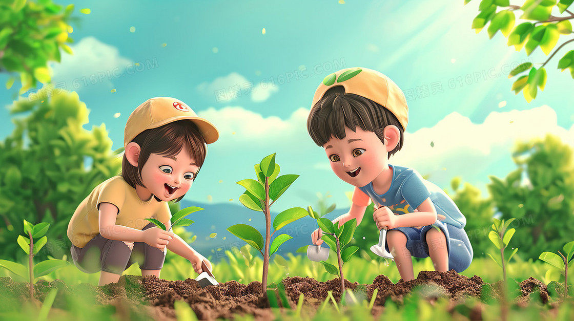 春天植树节种树苗研学旅行插画