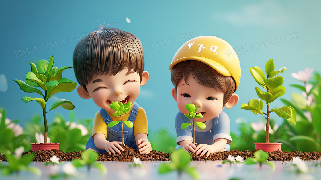 春天植树节种树苗研学旅行插画