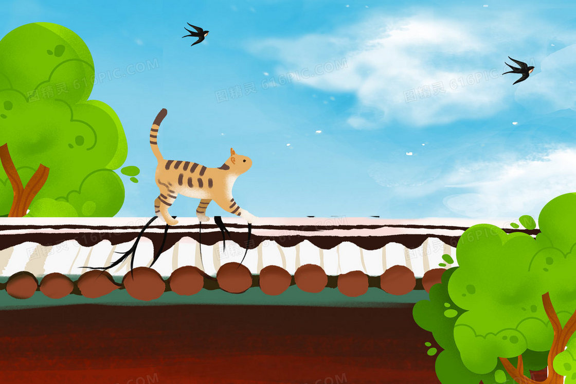春季小花猫沿着屋顶行走手绘插画