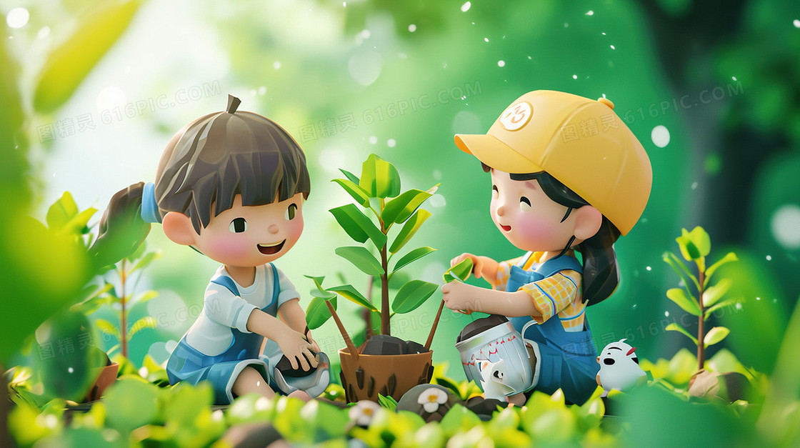 春天植树节种树苗研学旅行插画