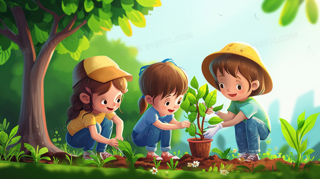 春天植树节种树苗研学旅行插画