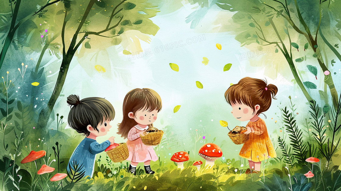 春天小朋友森林探险研学旅行插画
