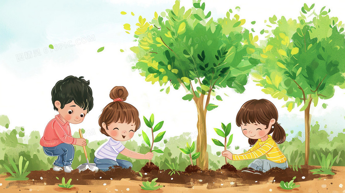 春天植树节种树苗研学旅行插画