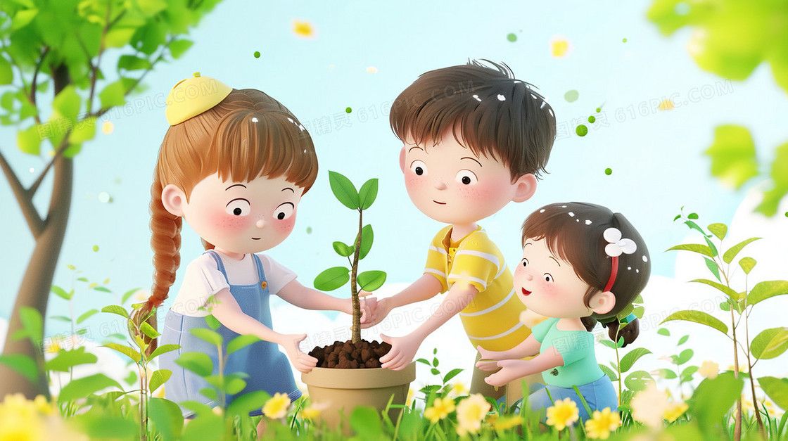春天植树节种树苗研学旅行插画
