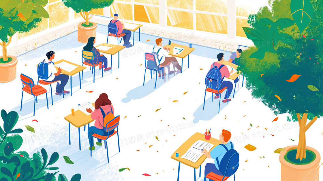 扁平化学校教室学生学习插画