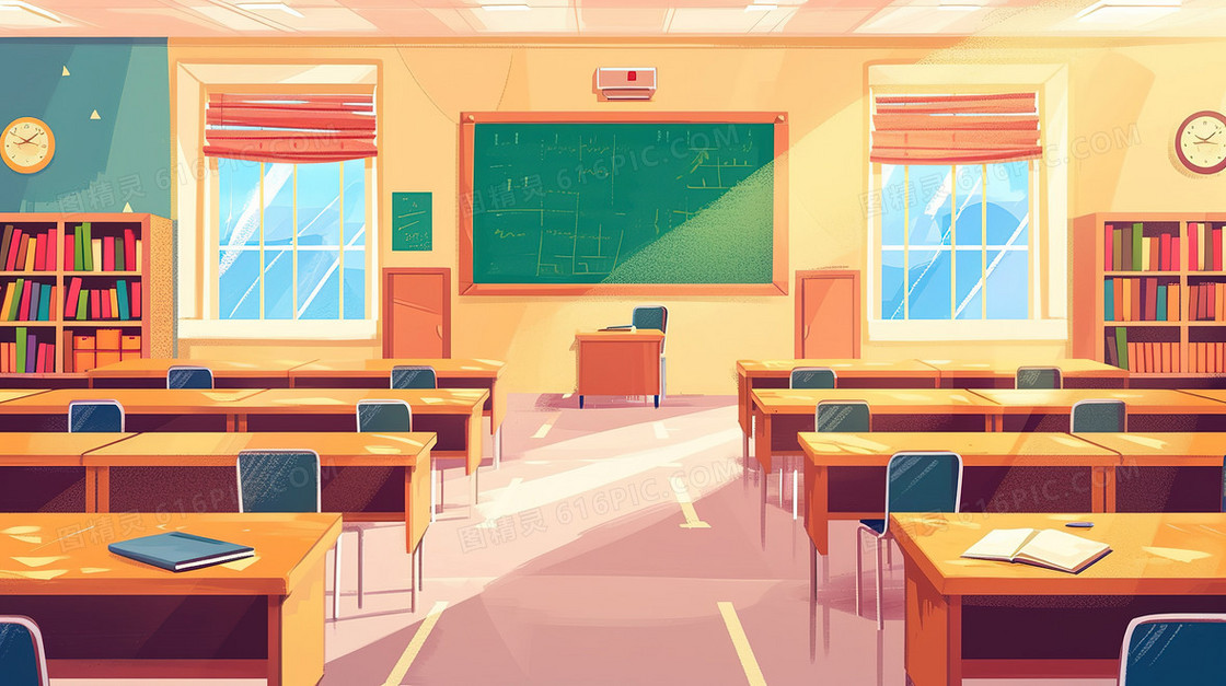 墙上挂着黑板的教室插画