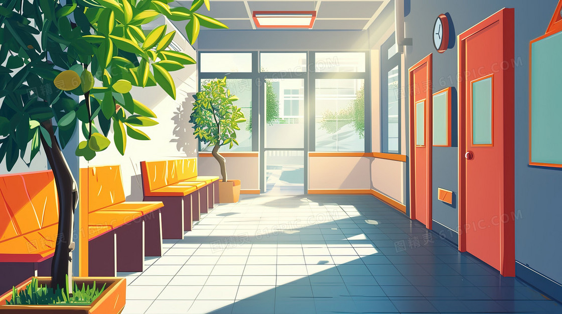 卡通风阳光校园一角插画