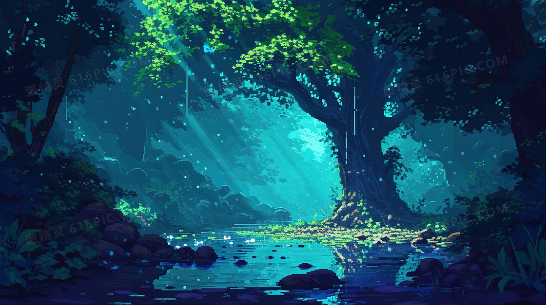 游戏像素风夜晚树林唯美风景插画