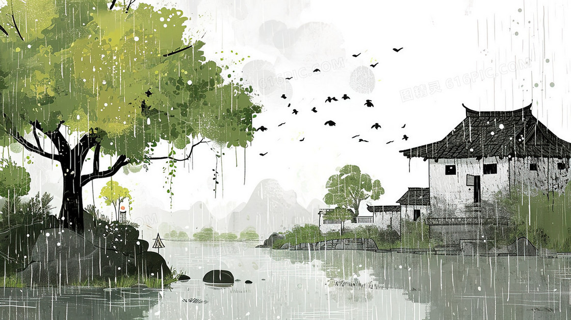 春雨中的乡村建筑风景插画