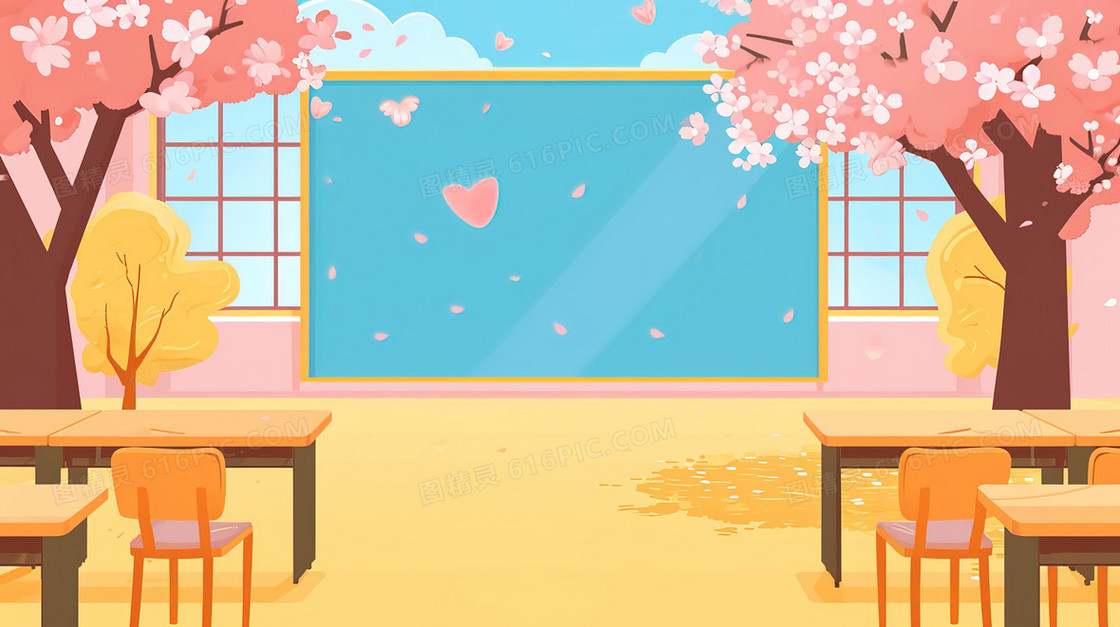 扁平化学校阳光教室课桌插画
