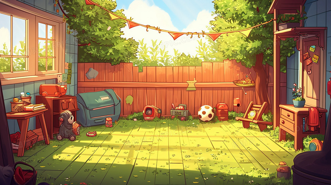 阳光明媚的儿童游乐房院子场景插画