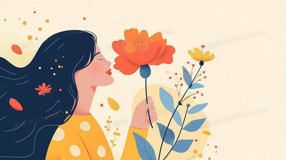 手拿鲜花的长发女孩简约卡通插画