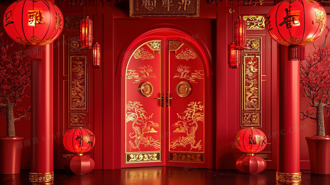 春节中国风红色大门开门红插画