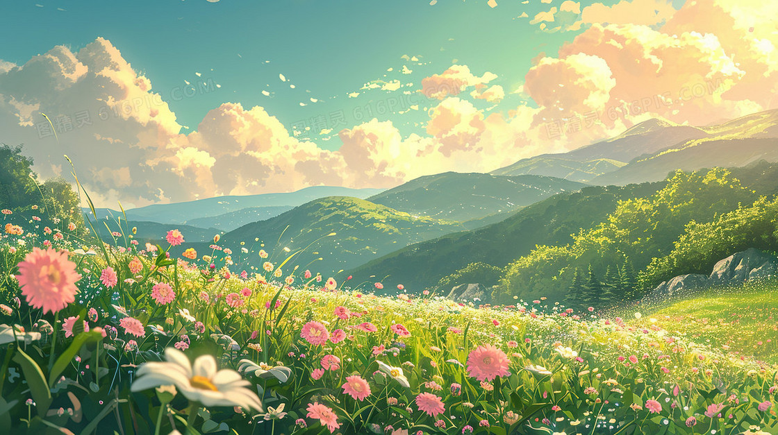 春分开满小花的山坡插画
