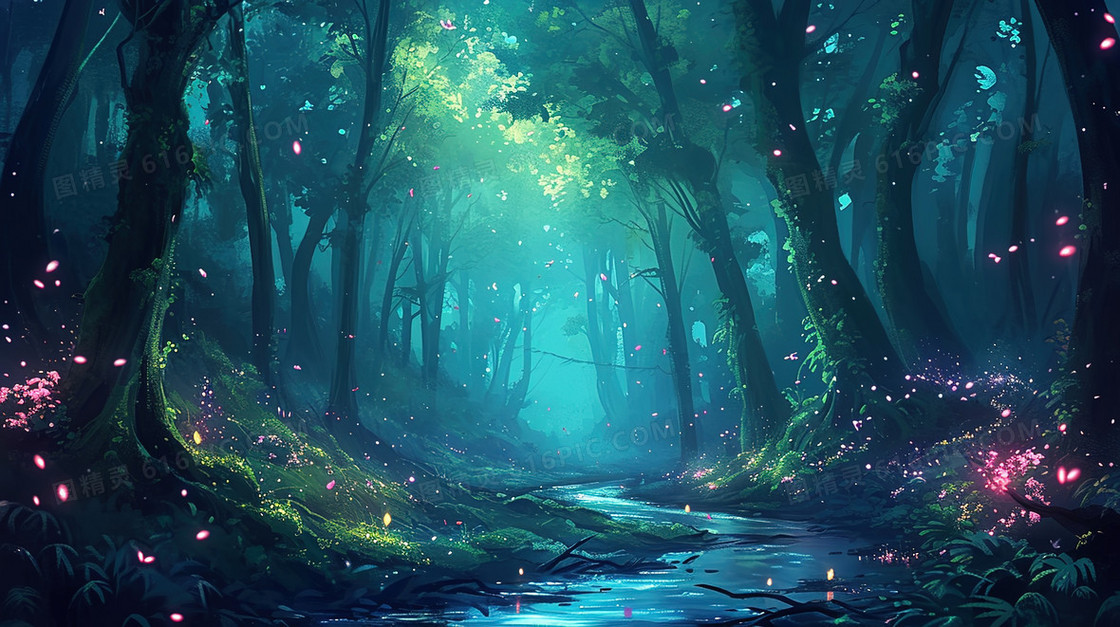 夜晚幽静的树林风景插画